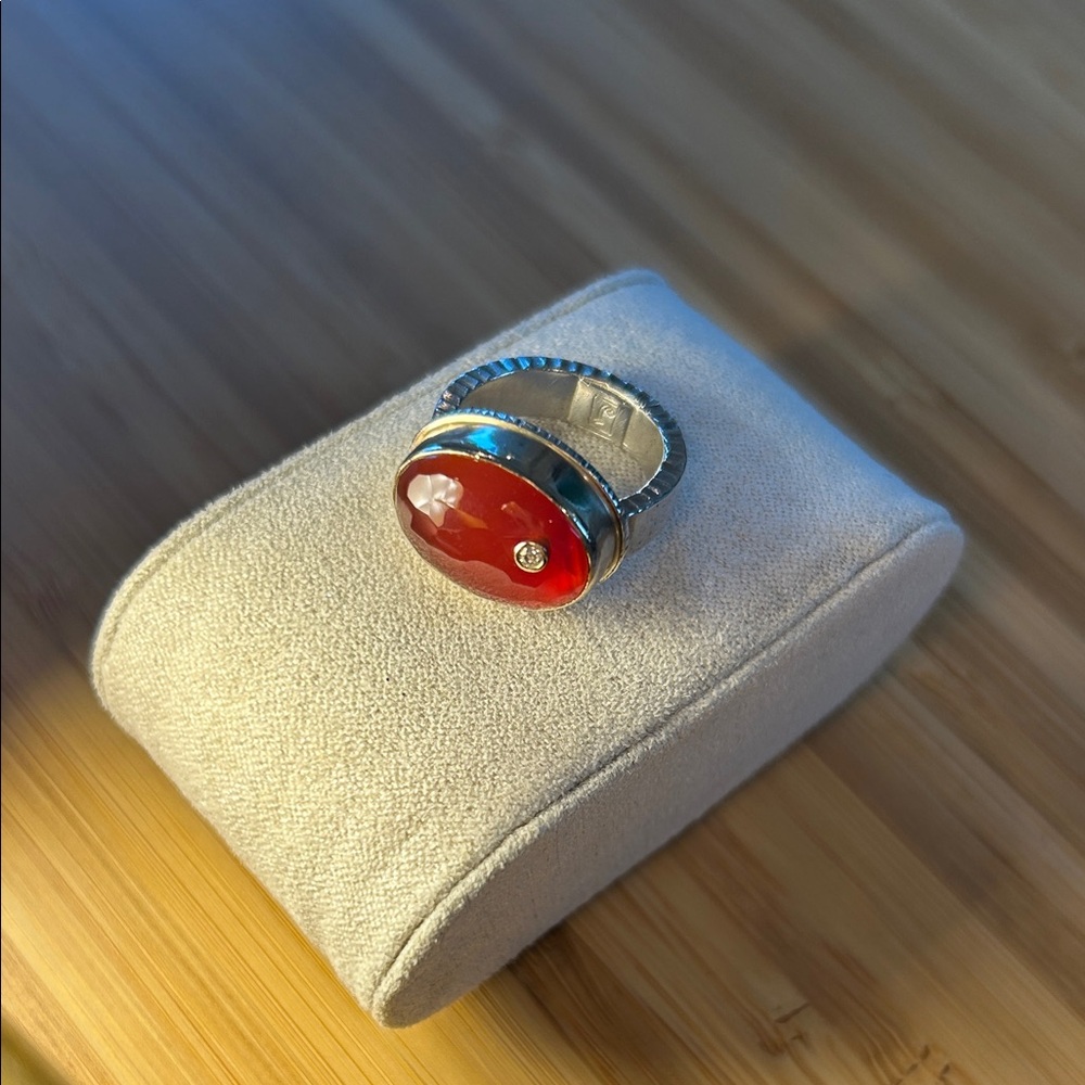 Jamie Joseph Carnelian and Diamond Ring with 14K Yellow Gold + Silver - size 6.5